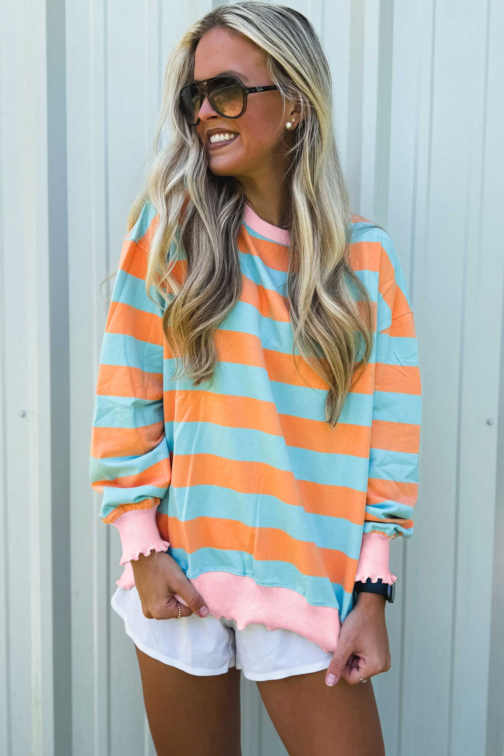 Orange Stripe Ribbed Color Block Trim Round Neck Long Sleeve Shift Top