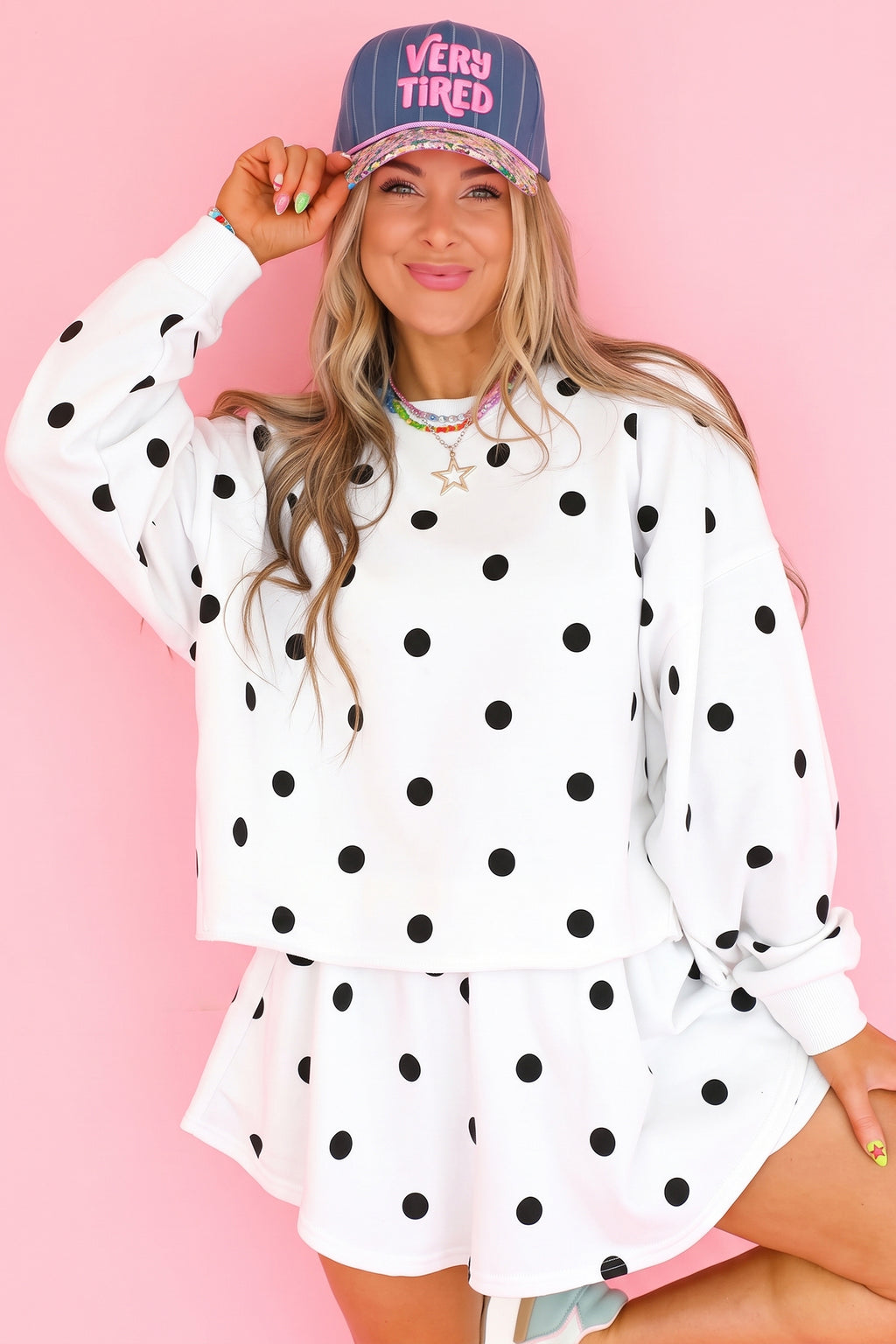 Red Polka Dot Raw Hem Relaxed Pullover Loose Skort Two Piece Set