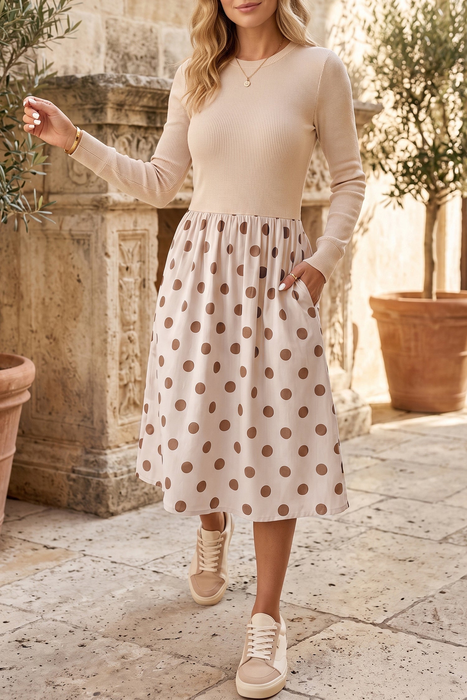 Beige Polka Dot Midi Long Sleeve Dress