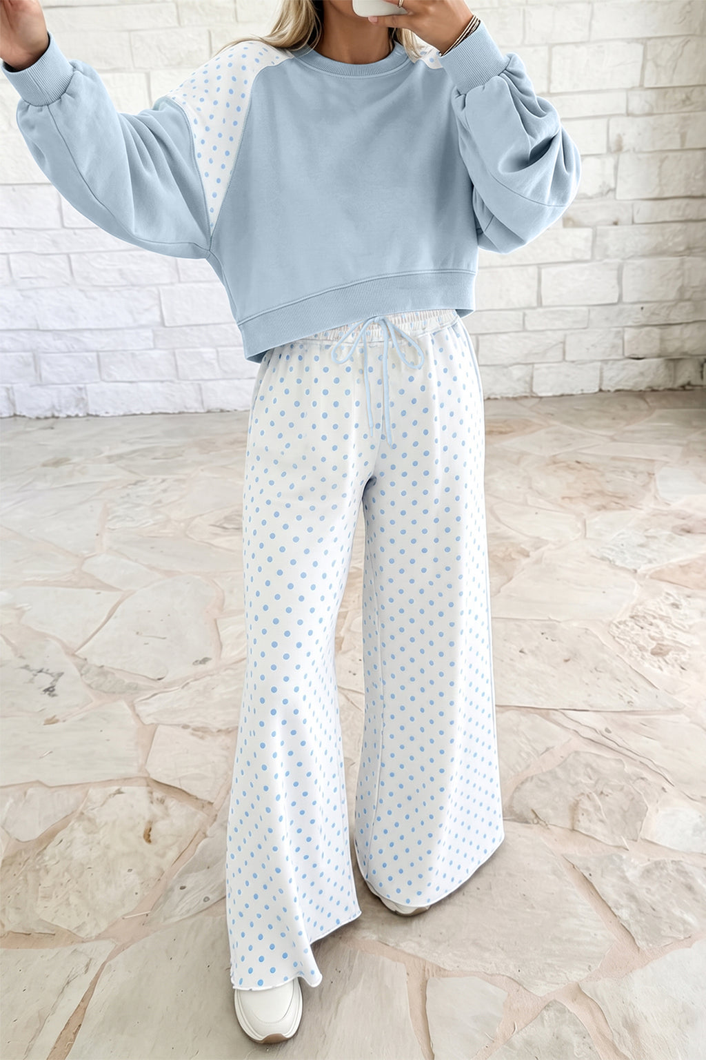 Polka Dot Patchwork Colorblock Long Sleeve Casual Two Piece Pants Set