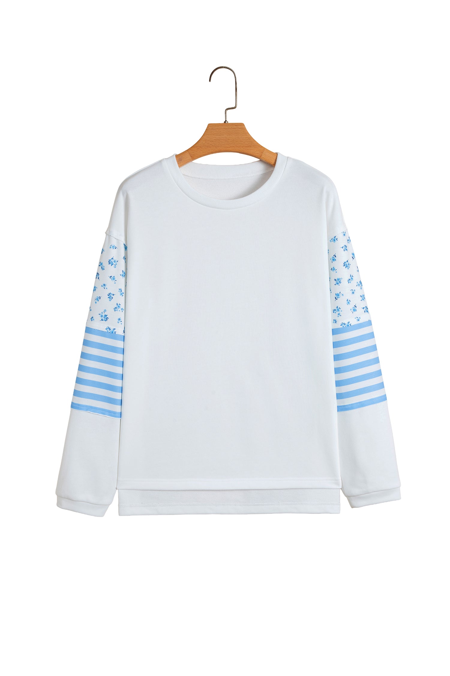 Beige Floral Striped Long Sleeve Contrasted Pullover Top