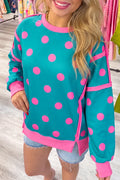 Blue Polka Dot Contrast Patchwork Round Neck Baggy Sweatshirt