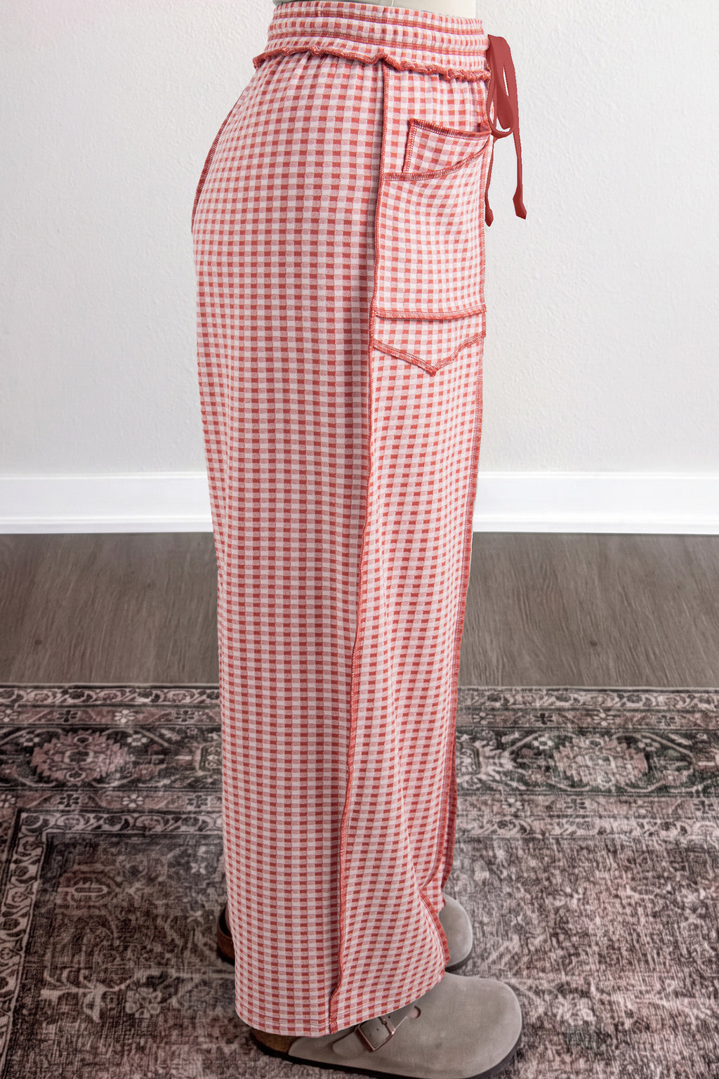 Green Plaid Contrast Trim Drawstring Elastic Waist Shift Pants