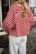 Red Stripe Cutout Open Back Long Sleeve Loose Top