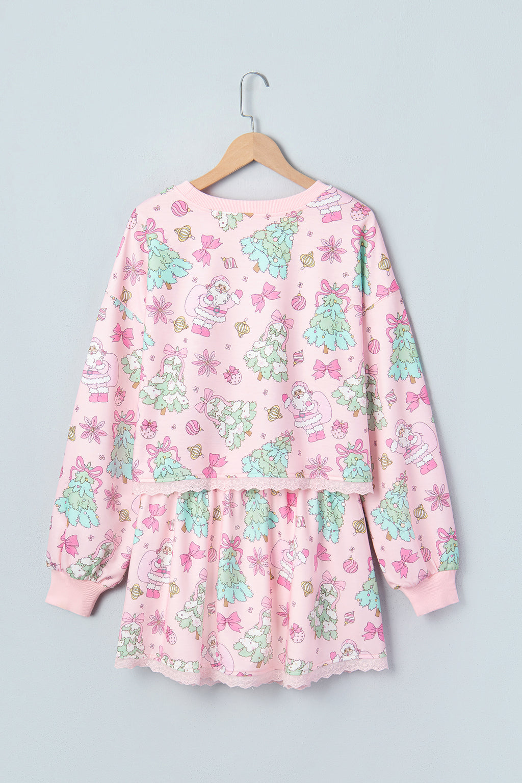Pink Floral Print Lace Trim Long Sleeve Skirt Set