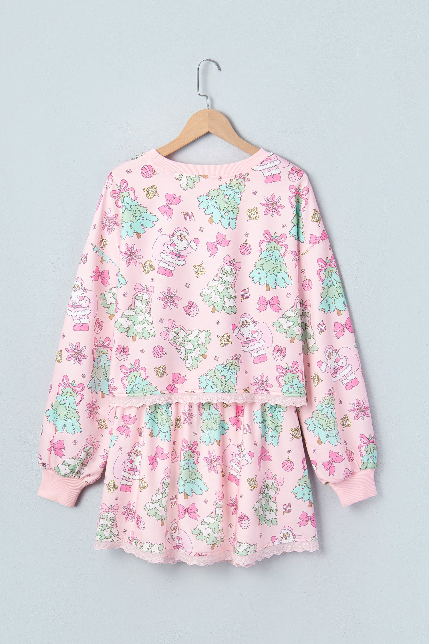 Pink Floral Print Lace Trim Long Sleeve Skirt Set