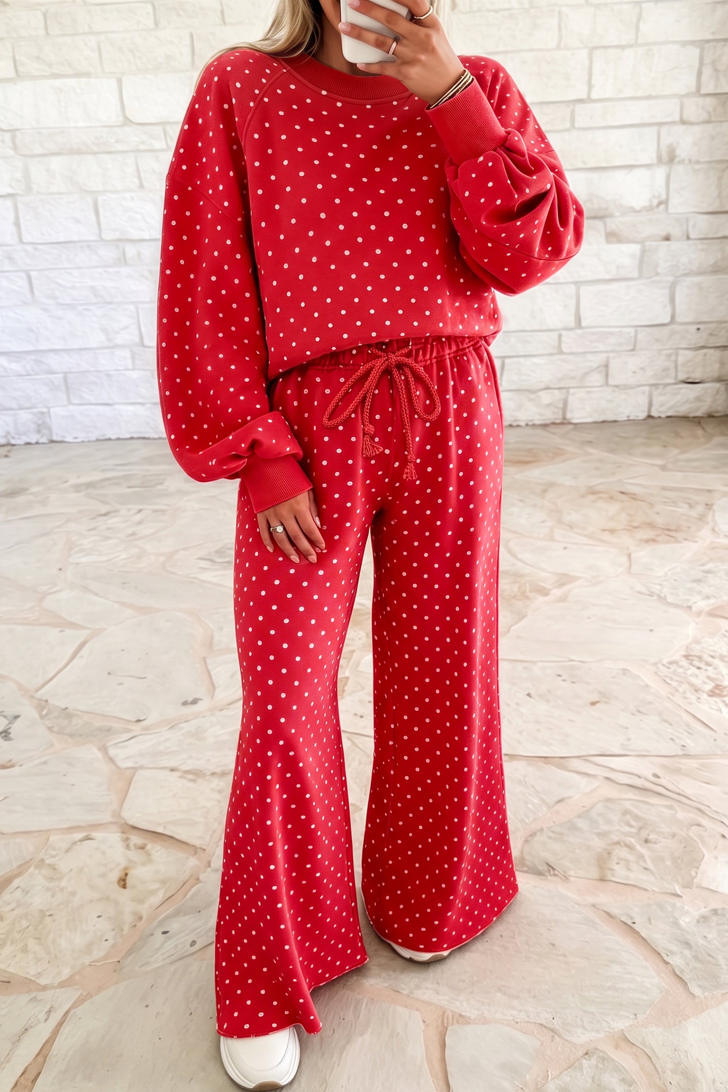 Blue Polka Dot Drawstring Wide Leg Long Sleeve Top Pant Set