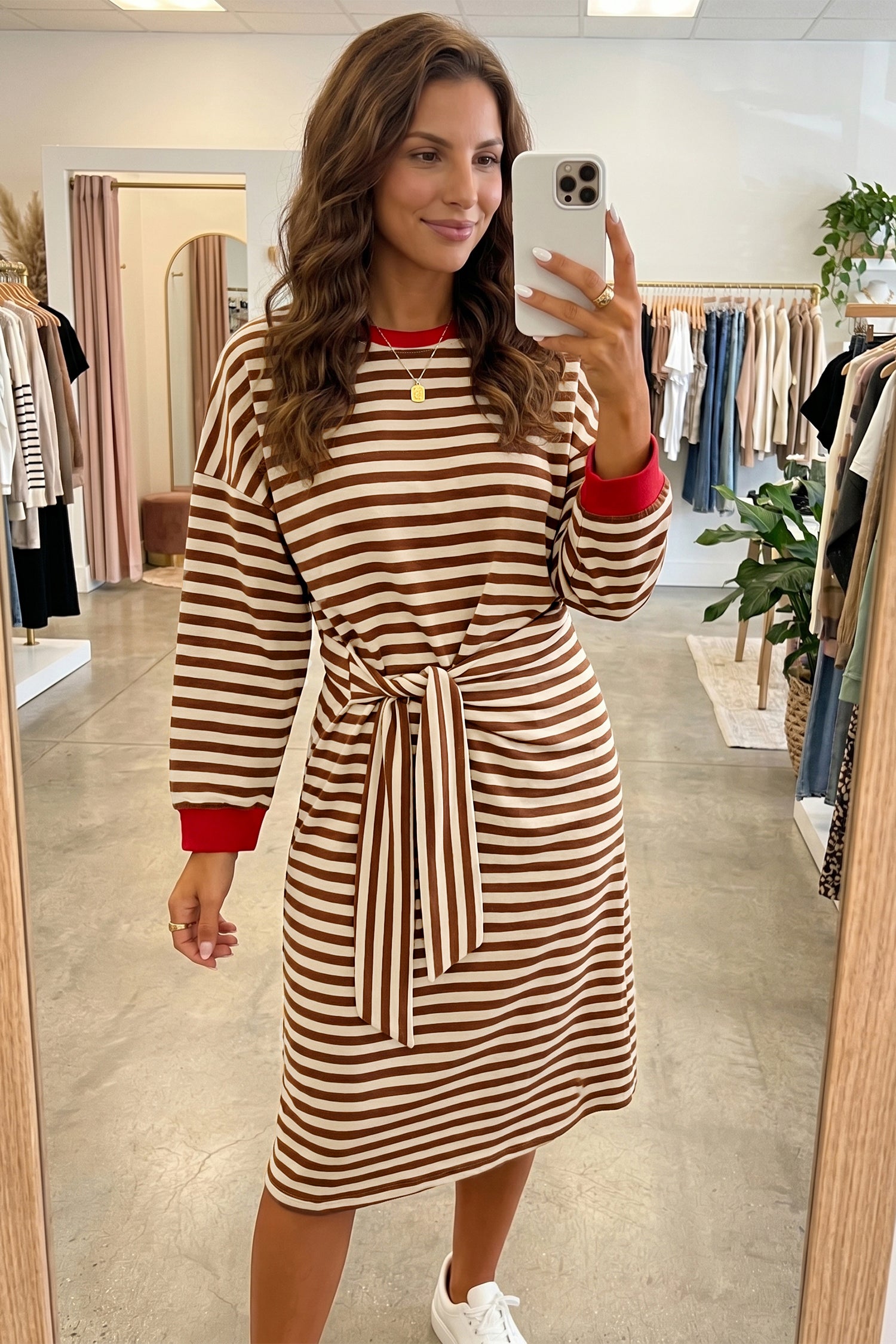 Khaki Stripe Striped Colorblock Cuffs Round Neck Long Sleeve Shift Dress