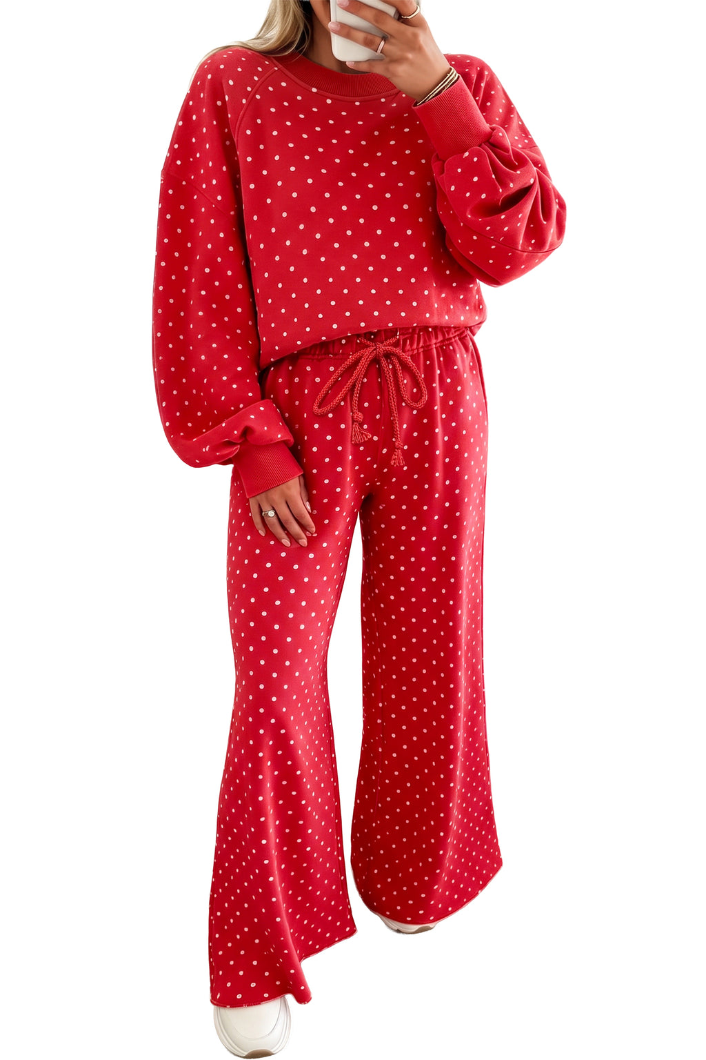 Blue Polka Dot Drawstring Wide Leg Long Sleeve Top Pant Set
