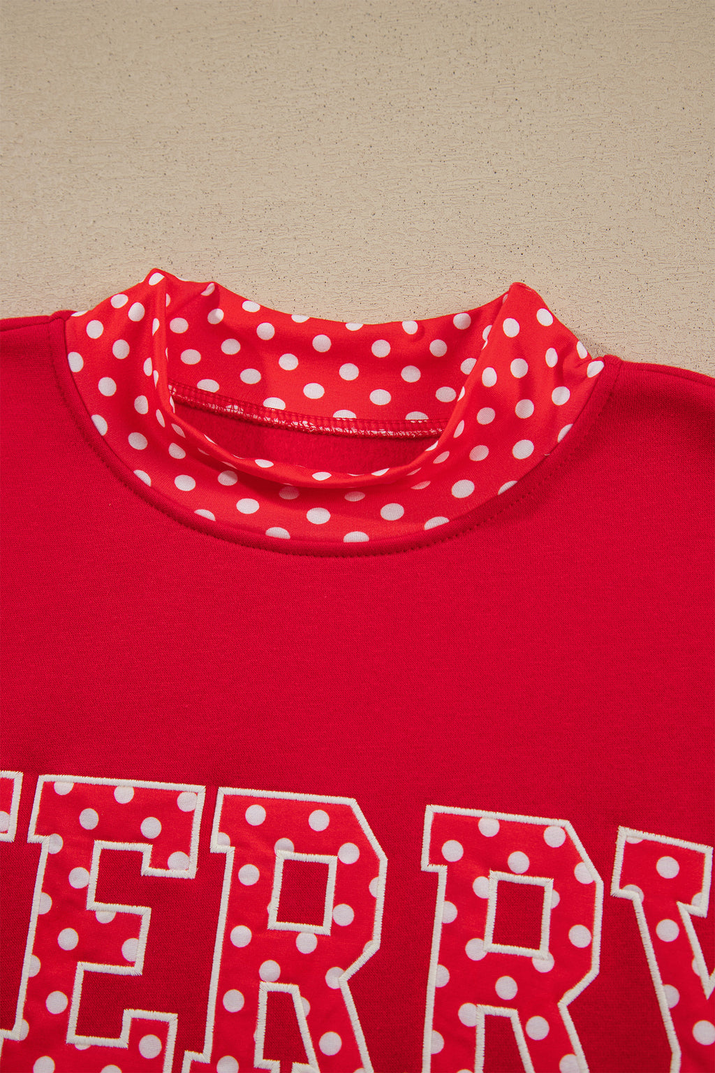 Grapefruit Orange Polka Dot Letter Print Contrast Trim Mock Neck Sweatshirt