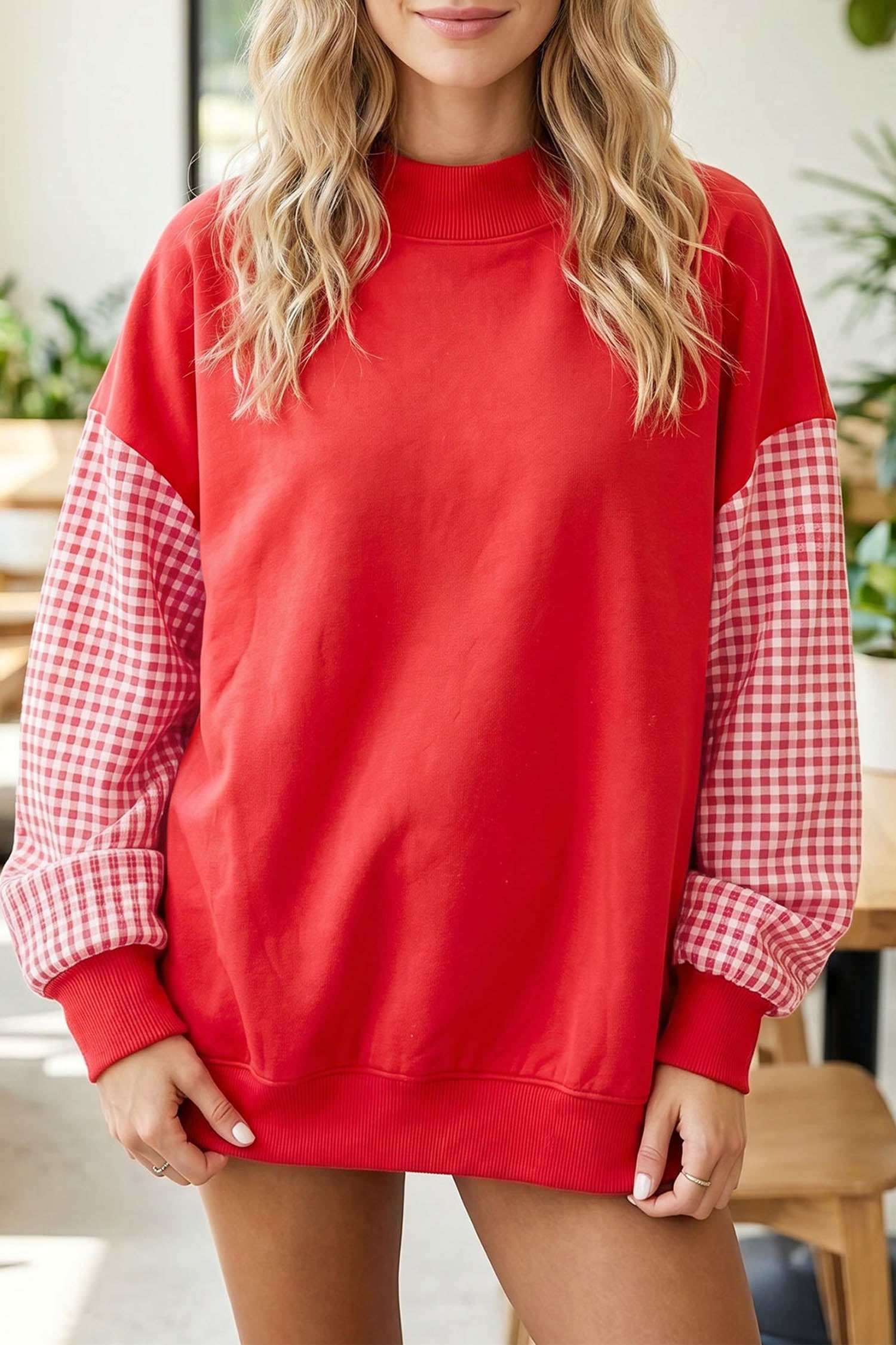 Black Plaid Sleeve Colorblock Loose Tunic Sweatshirt