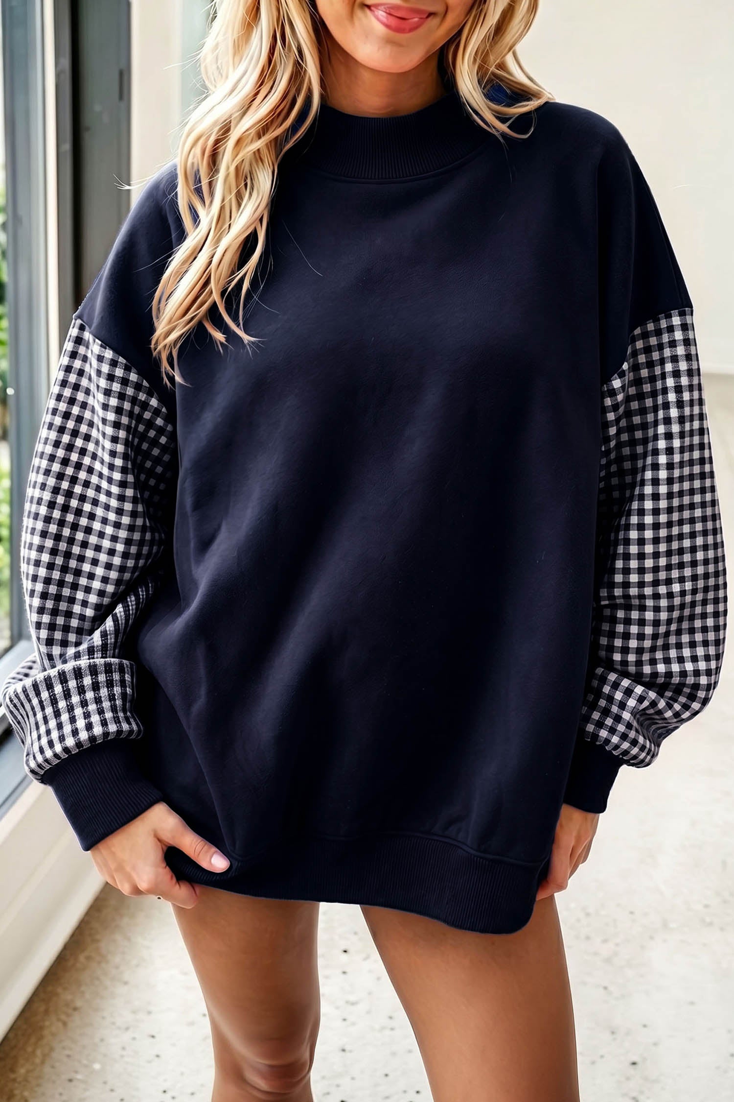 Black Plaid Sleeve Colorblock Loose Tunic Sweatshirt