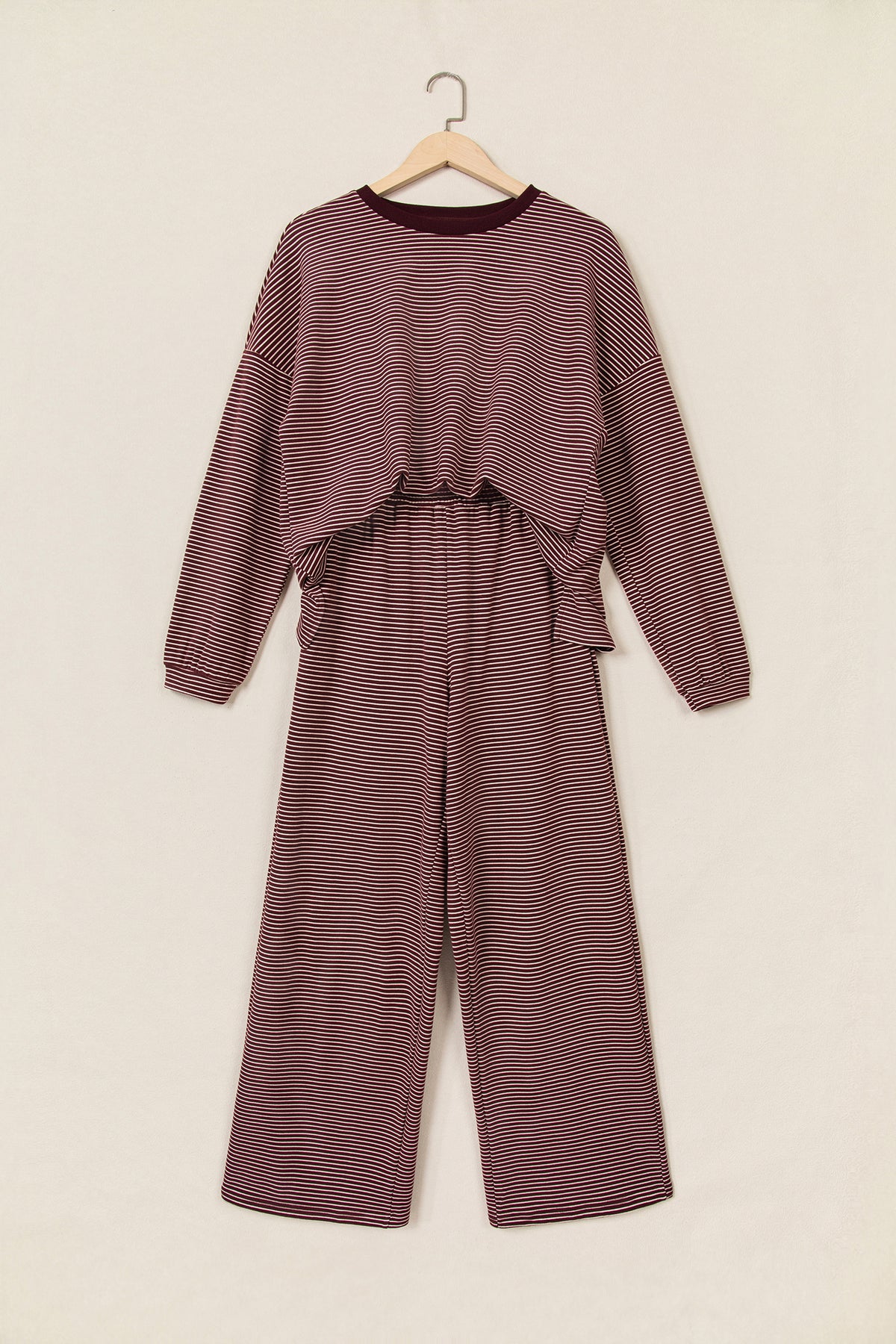 Brown Stripe Contrast Trim Round Neck Oversize Long Sleeve Top 2pcs Pant Set