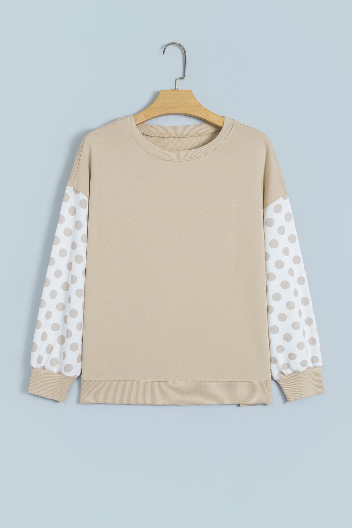 Khaki Polka Dot Patchwork Sleeve Crew Neck Loose Pullover Sweatshirt