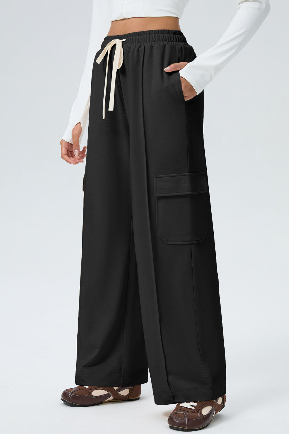 Black Solid Color Drawstring Elastic Waist Cargo Patch Pocket Active Pants