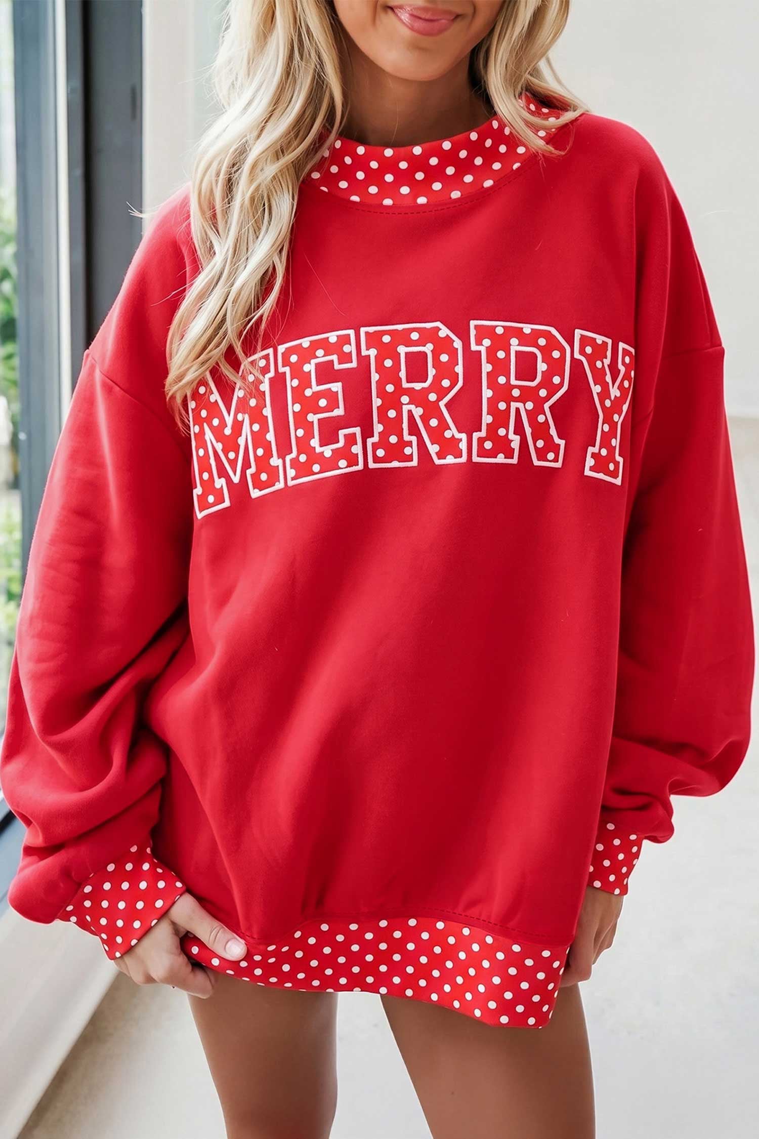 Women's Polka Dot Letter Print Contrast Trim Mock Neck Sweatshirt