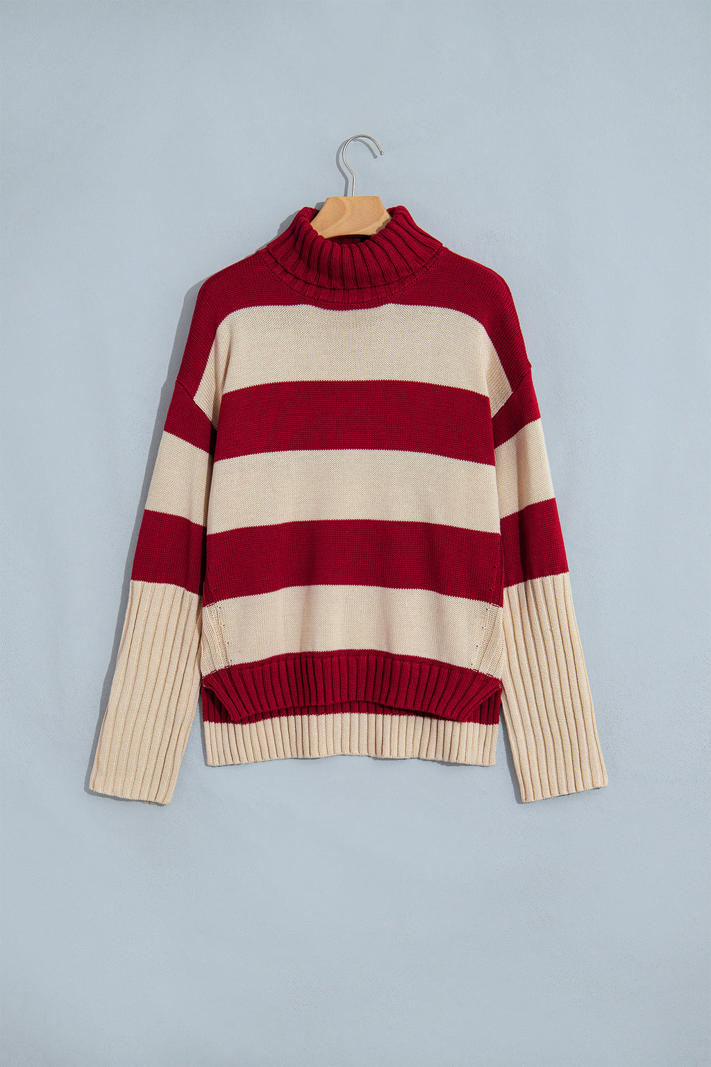 Red Stripe Ribbed Trim High Neck Relaxed Pullover Sweater