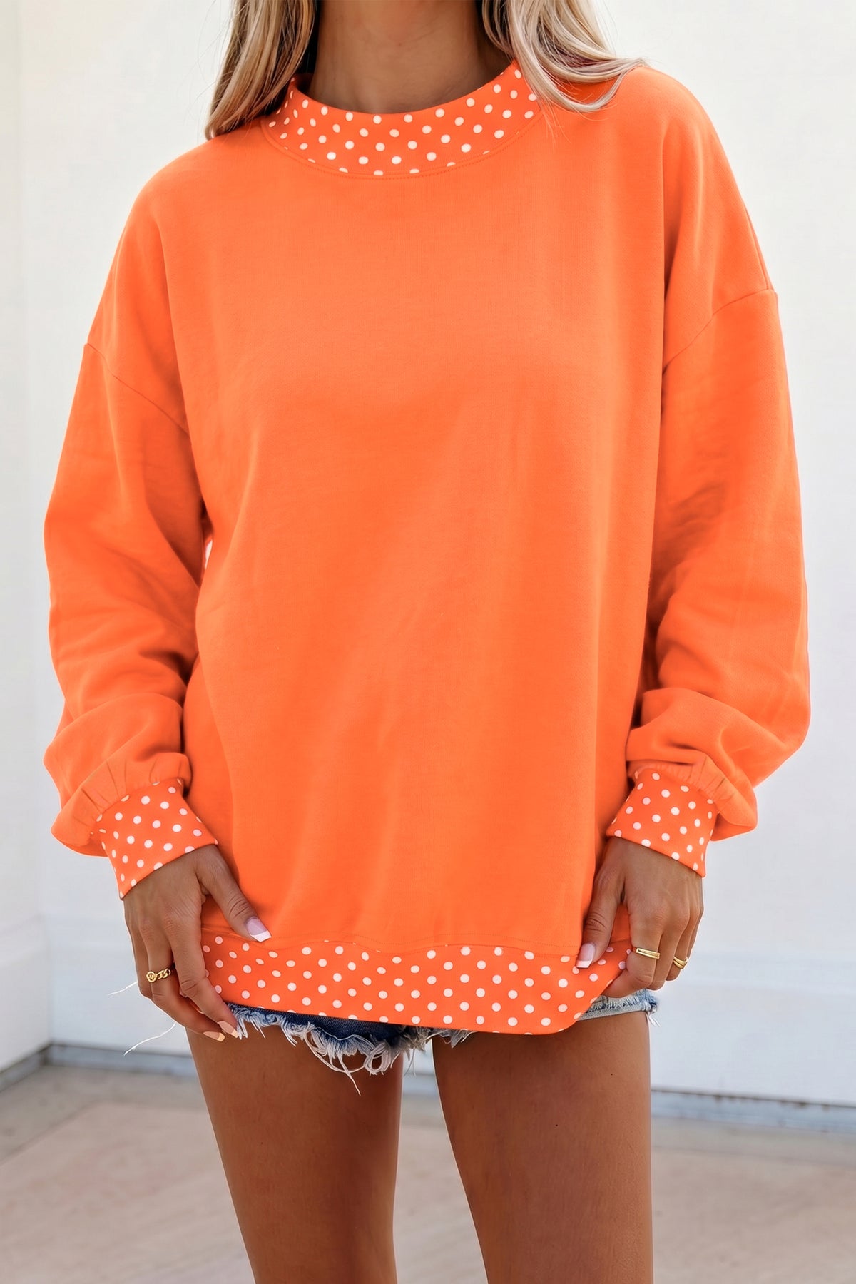 Tillandsia Purple Colorblock Polka Dot Contrast Trim Oversized Sweatshirt