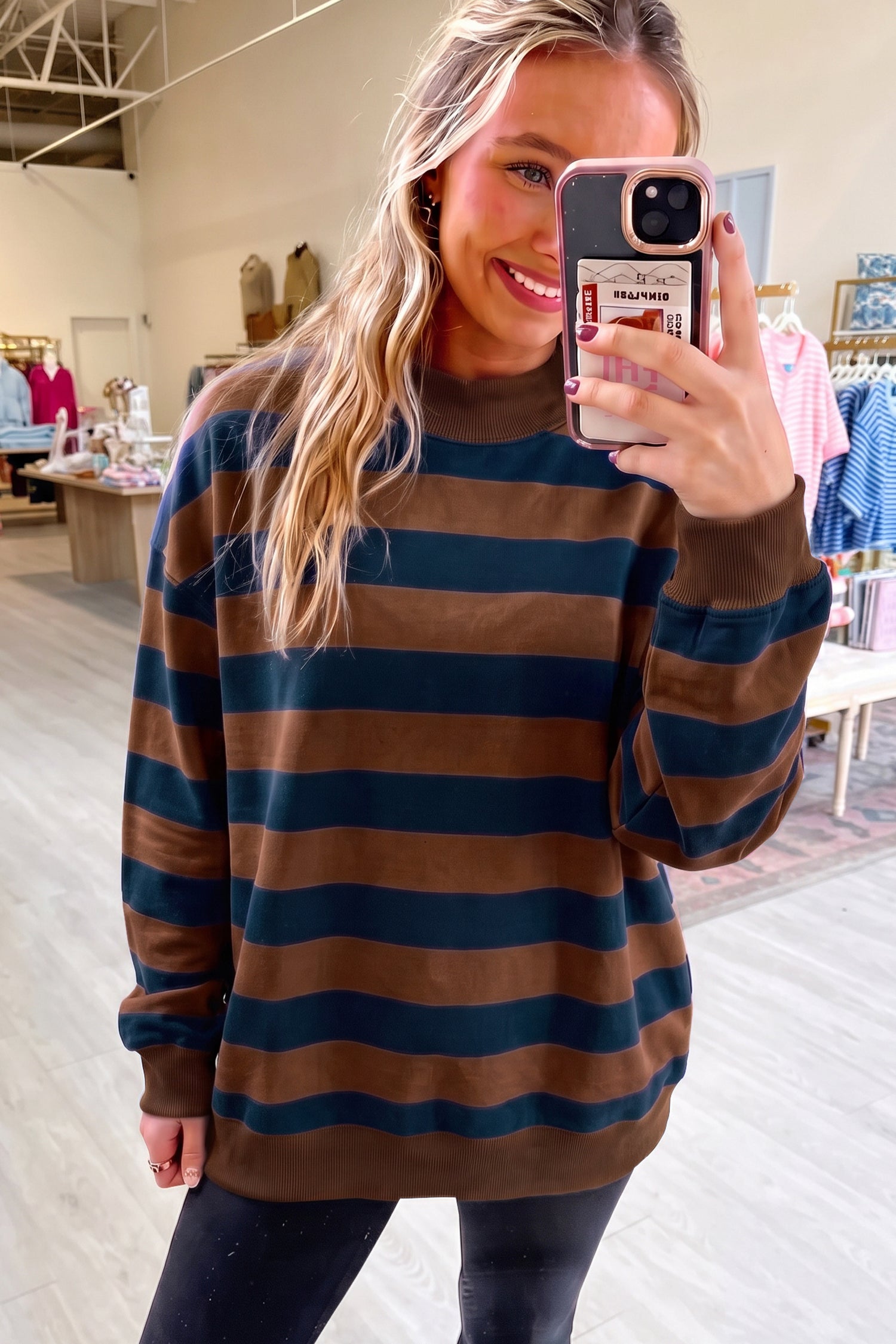 Orange Stripe Colorblock Mock Neck Relaxed Sweatshirt