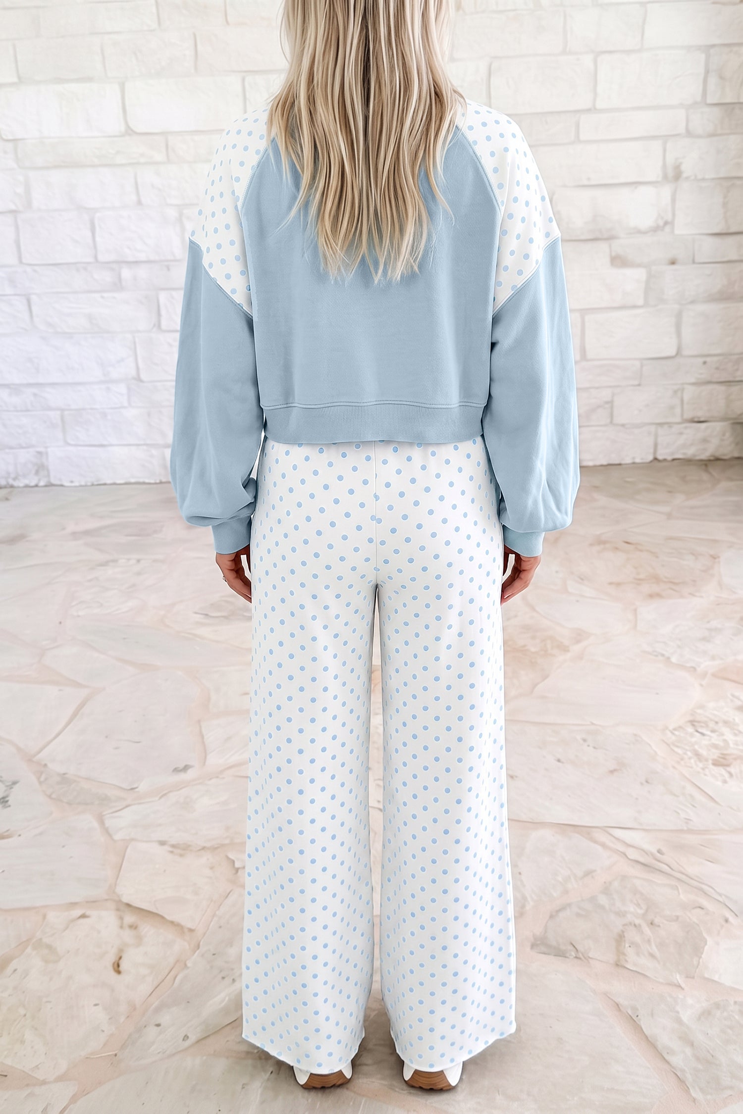 Polka Dot Patchwork Colorblock Long Sleeve Casual Two Piece Pants Set