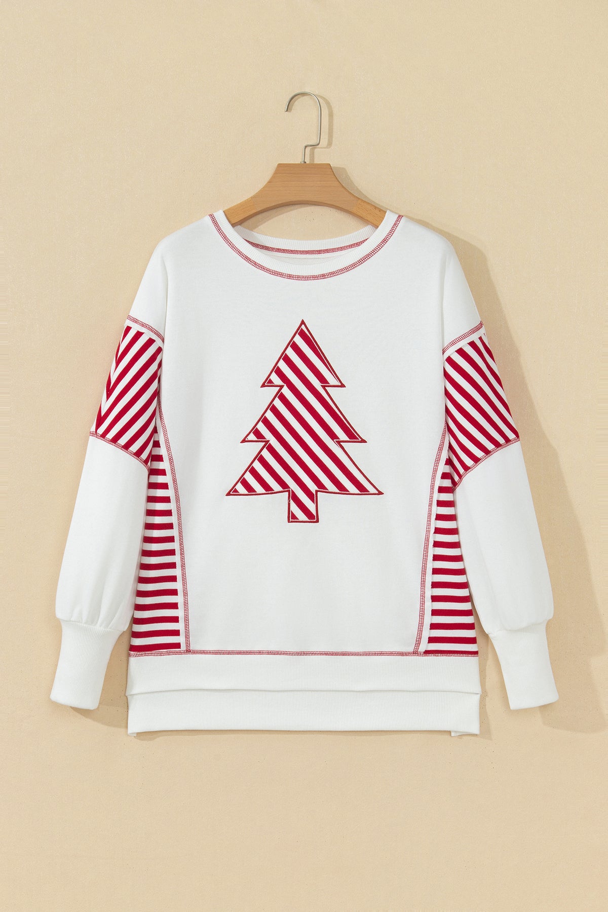 White Striped Contrast Christmas Tree Patchwork Puff Sleeve Top