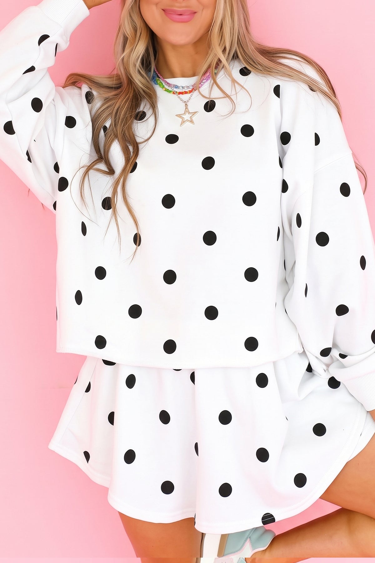 Red Polka Dot Raw Hem Relaxed Pullover Loose Skort Two Piece Set