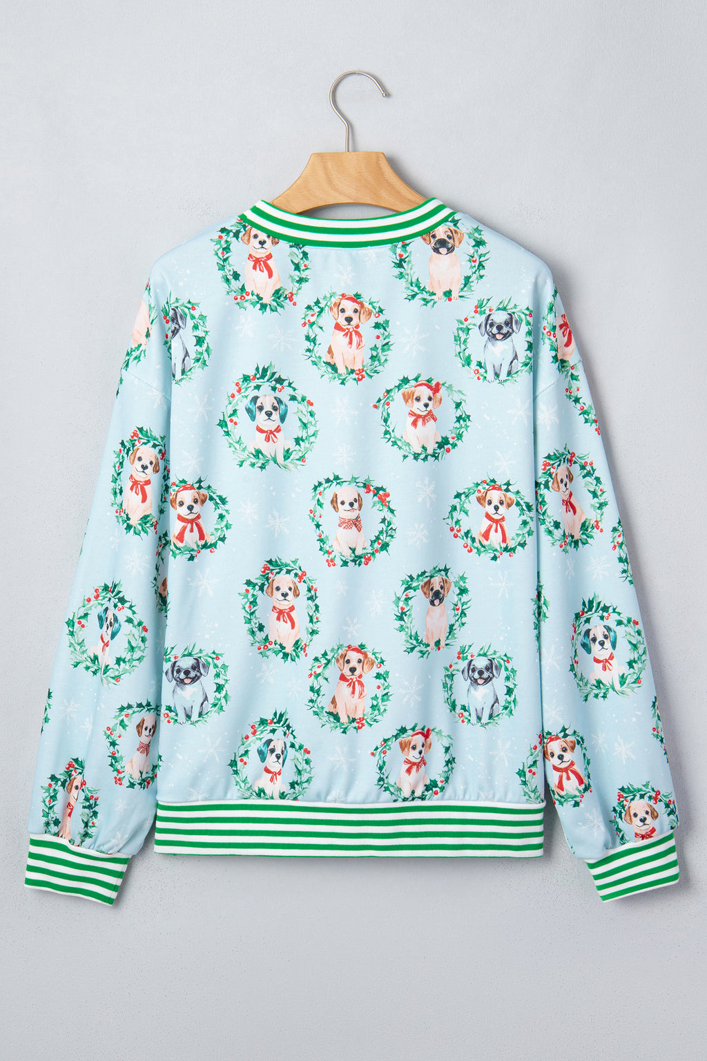 Sky Blue Abstract Dog Print Ribbed Cuff Round Neck Long Sleeve Sweatshirt