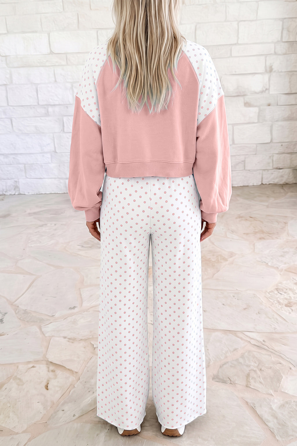 Polka Dot Patchwork Colorblock Long Sleeve Casual Two Piece Pants Set