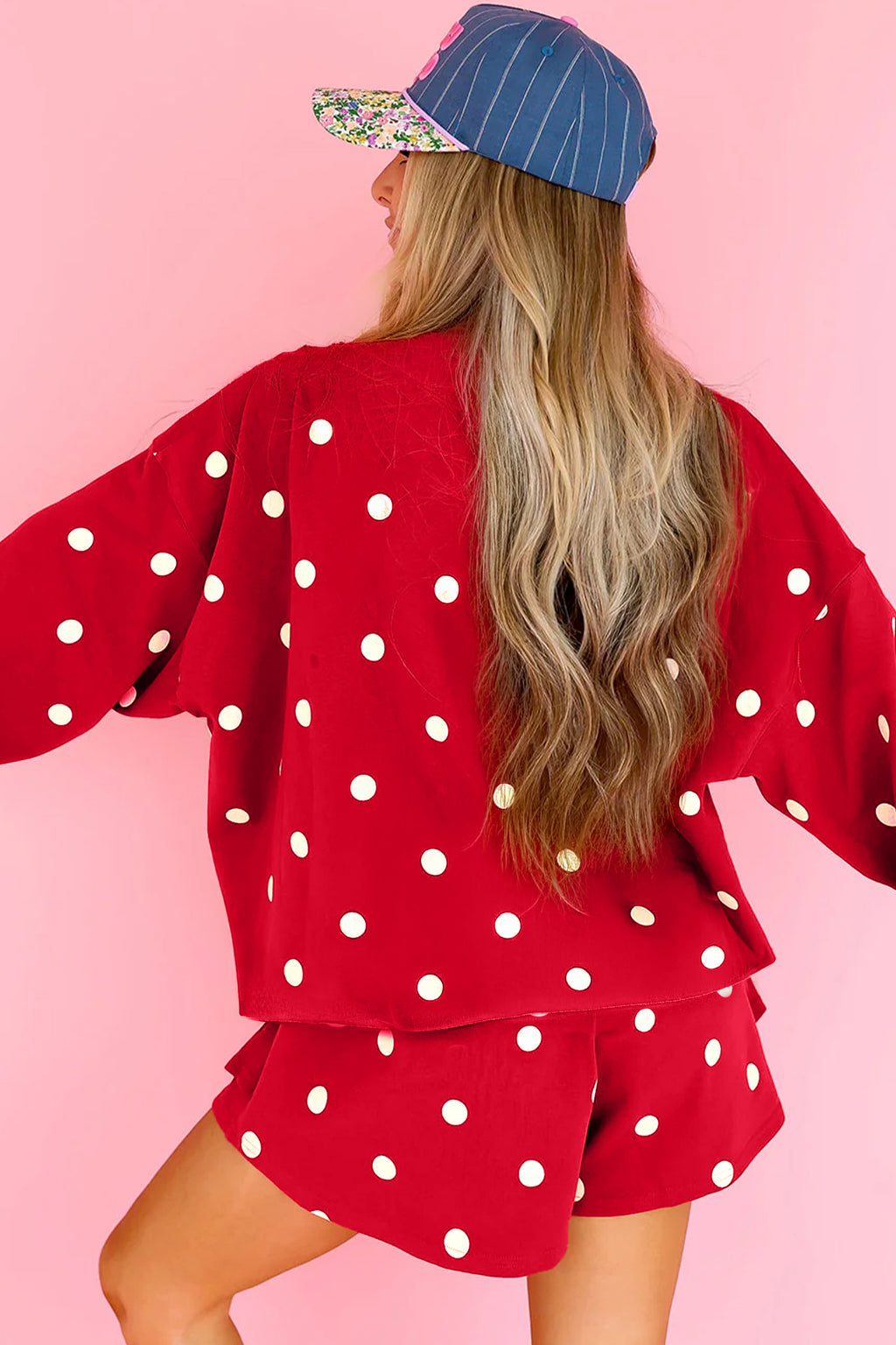 Red Polka Dot Raw Hem Relaxed Pullover Loose Skort Two Piece Set