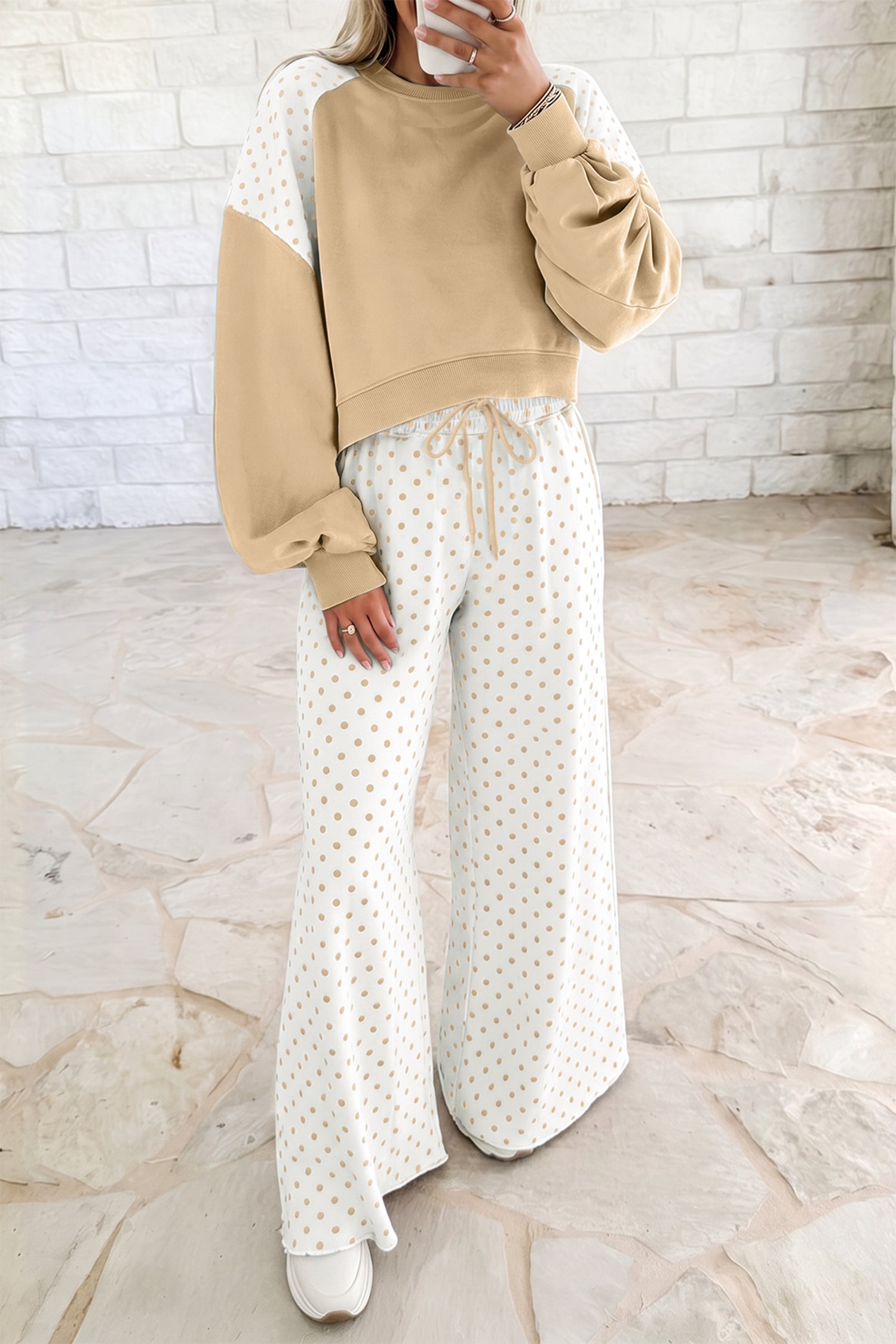 Polka Dot Patchwork Colorblock Long Sleeve Casual Two Piece Pants Set