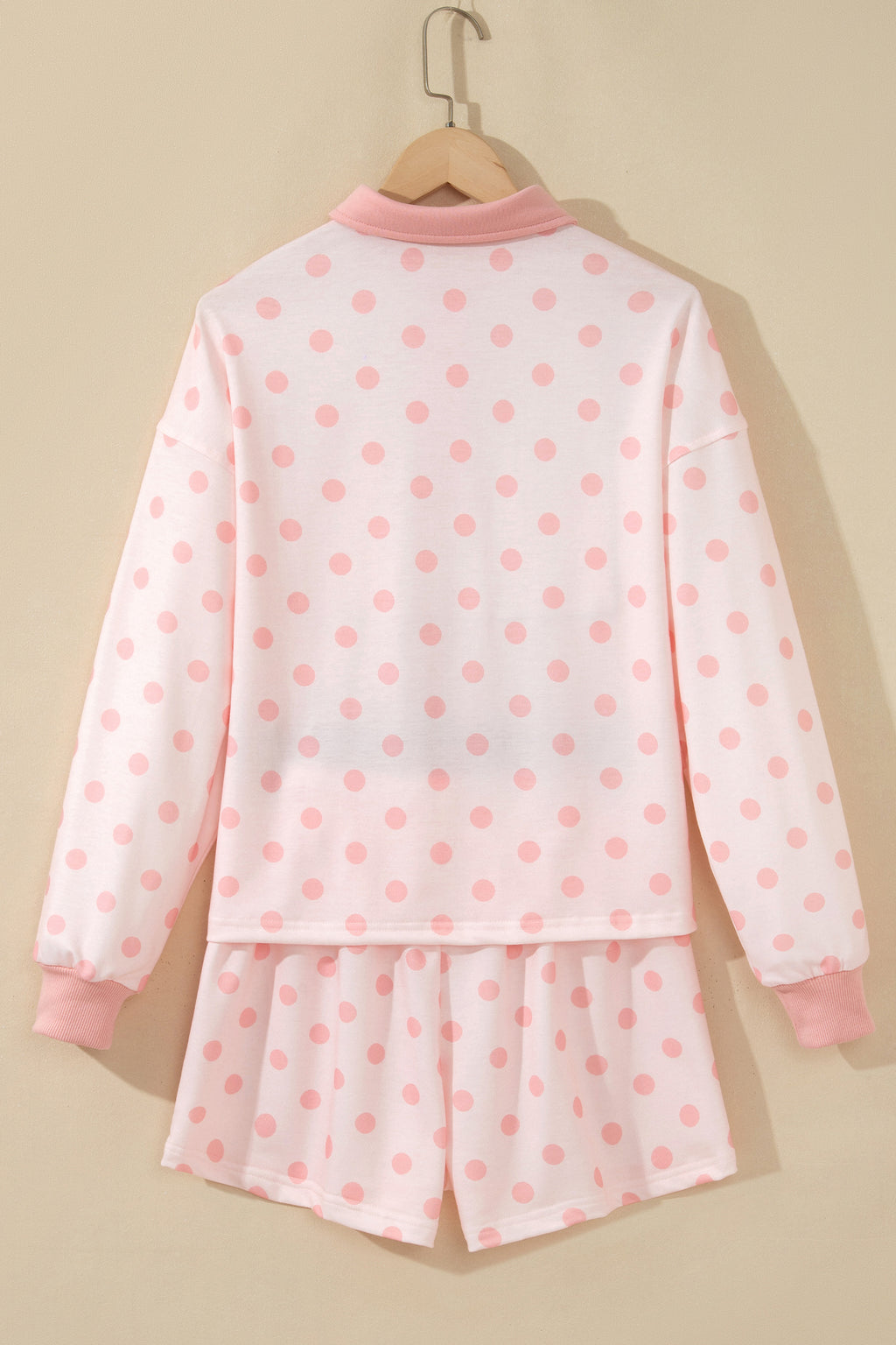 Sky Blue Polka Dot Drop Shoulder Polo Loose Pullover Patch Pocket Casual Shorts Set