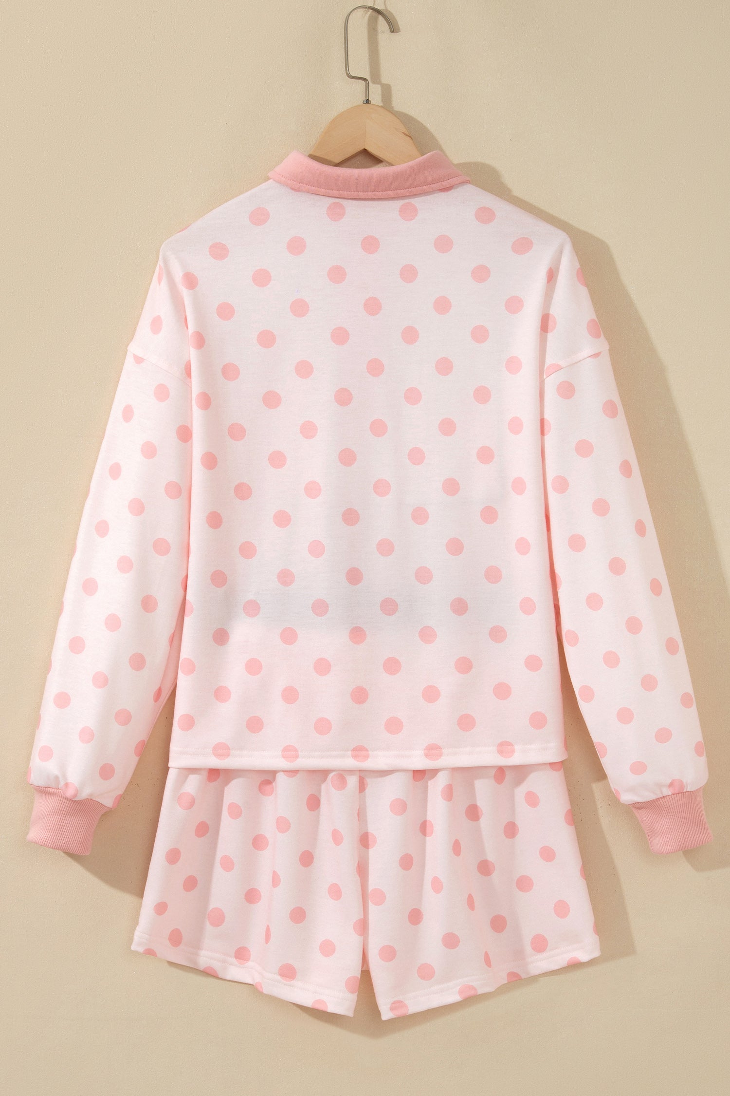 Sky Blue Polka Dot Drop Shoulder Polo Loose Pullover Patch Pocket Casual Shorts Set