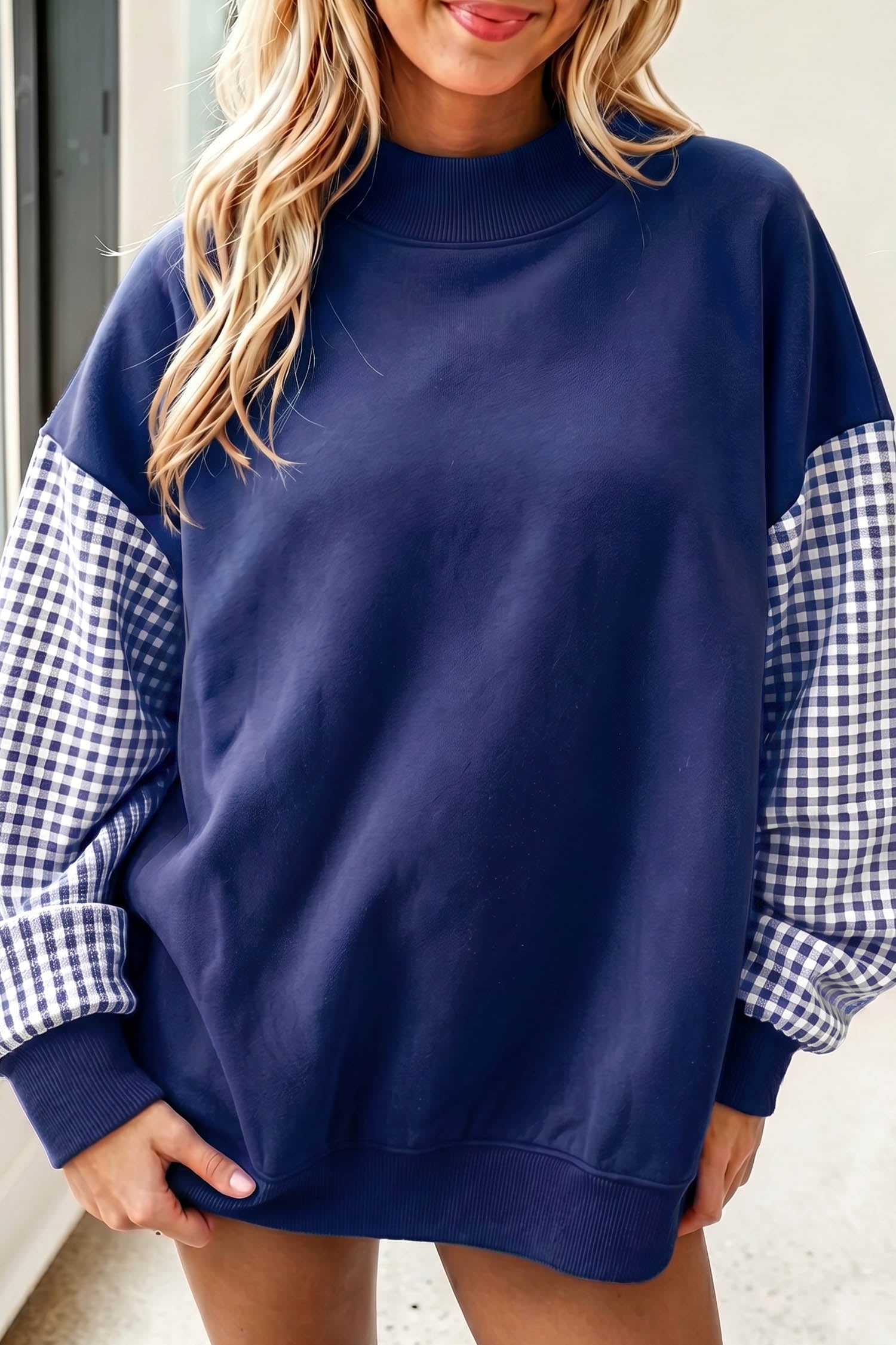 Black Plaid Sleeve Colorblock Loose Tunic Sweatshirt