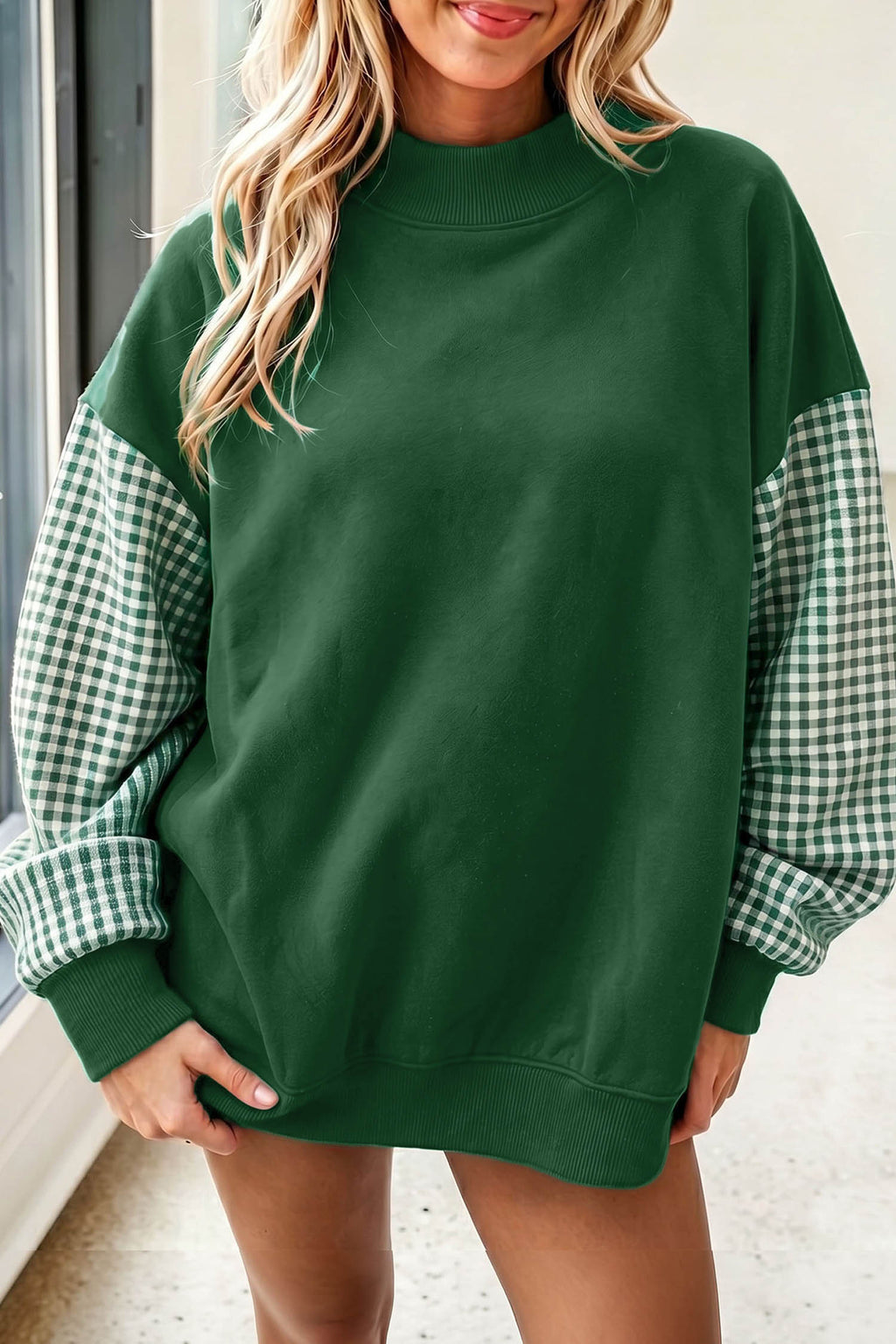Black Plaid Sleeve Colorblock Loose Tunic Sweatshirt