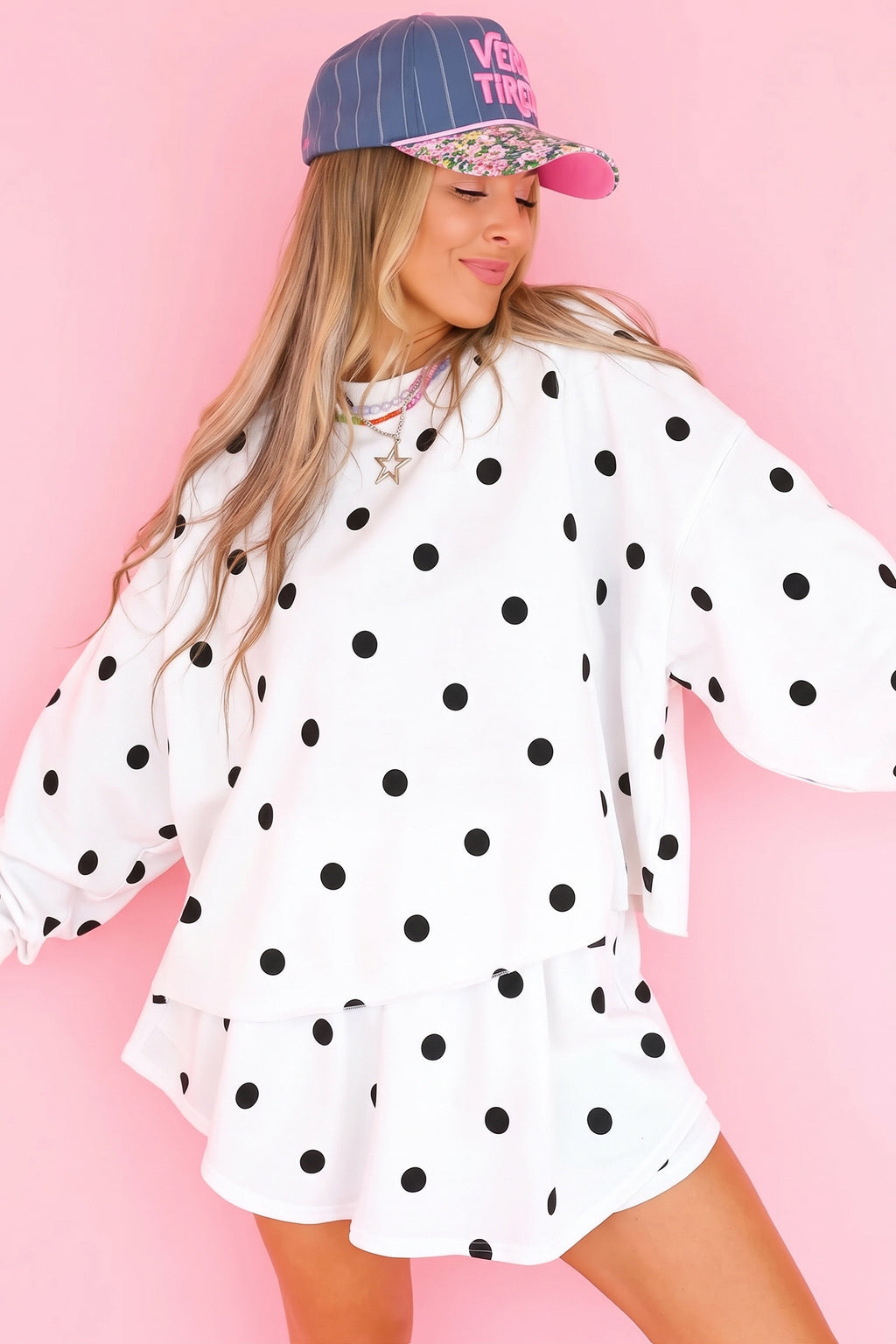 Red Polka Dot Raw Hem Relaxed Pullover Loose Skort Two Piece Set