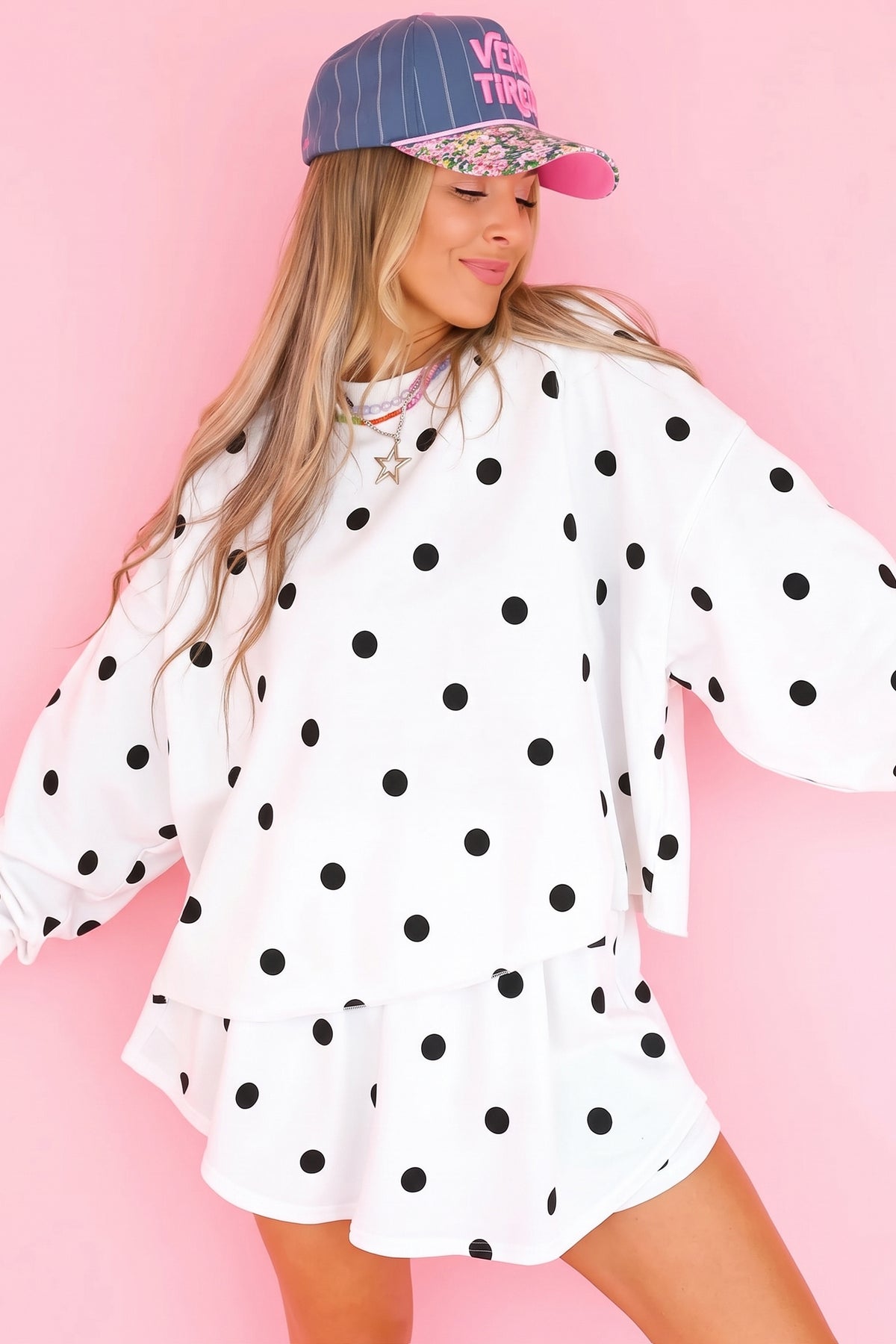 Red Polka Dot Raw Hem Relaxed Pullover Loose Skort Two Piece Set