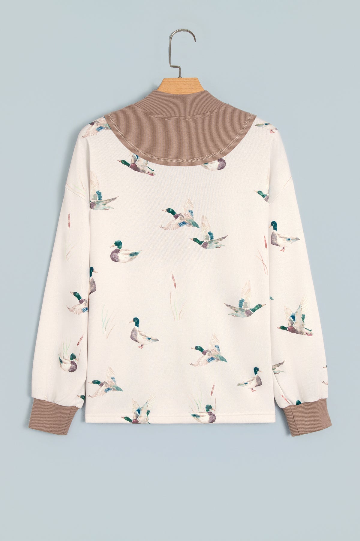Beige Wild Mallard Print Color Block Patchwork Zip Neck Tunic Top