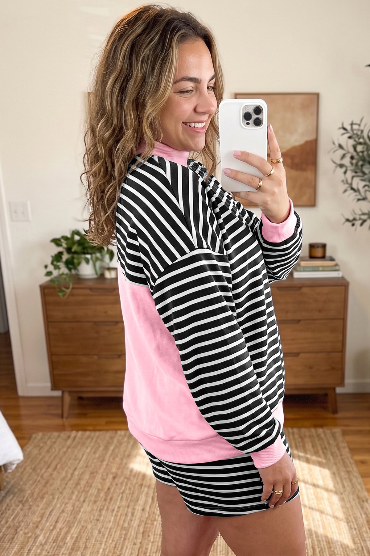 Black Stripe Color Block Patchwork Long Sleeve Pullover Plus Size Short Set