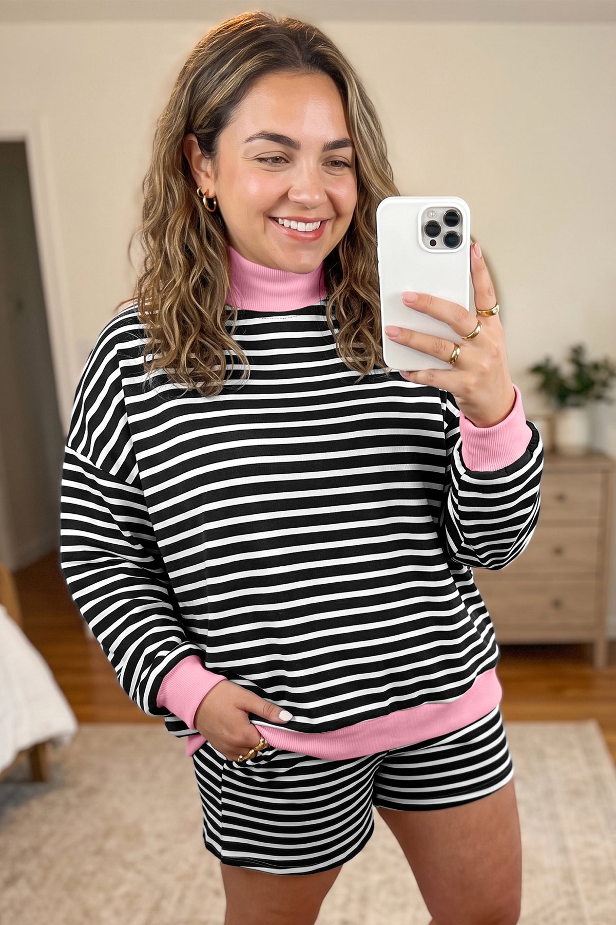 Black Stripe Color Block Patchwork Long Sleeve Pullover Plus Size Short Set