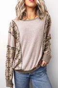 Womens Khaki Floral Print Round Neck Long Sleeve Shift Top