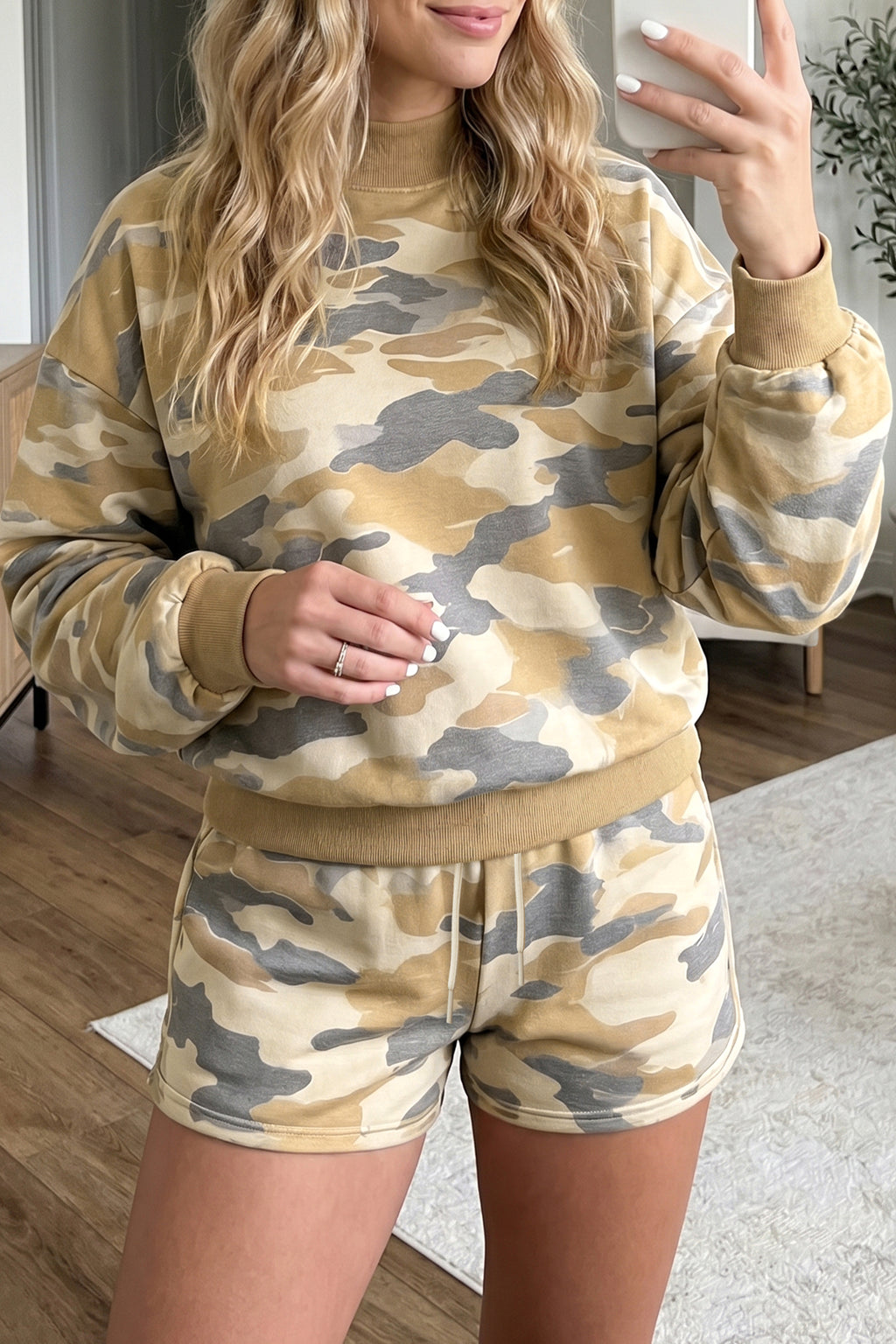 Multicolour Camouflage Print Long Sleeve Top Drawstring Shorts Set