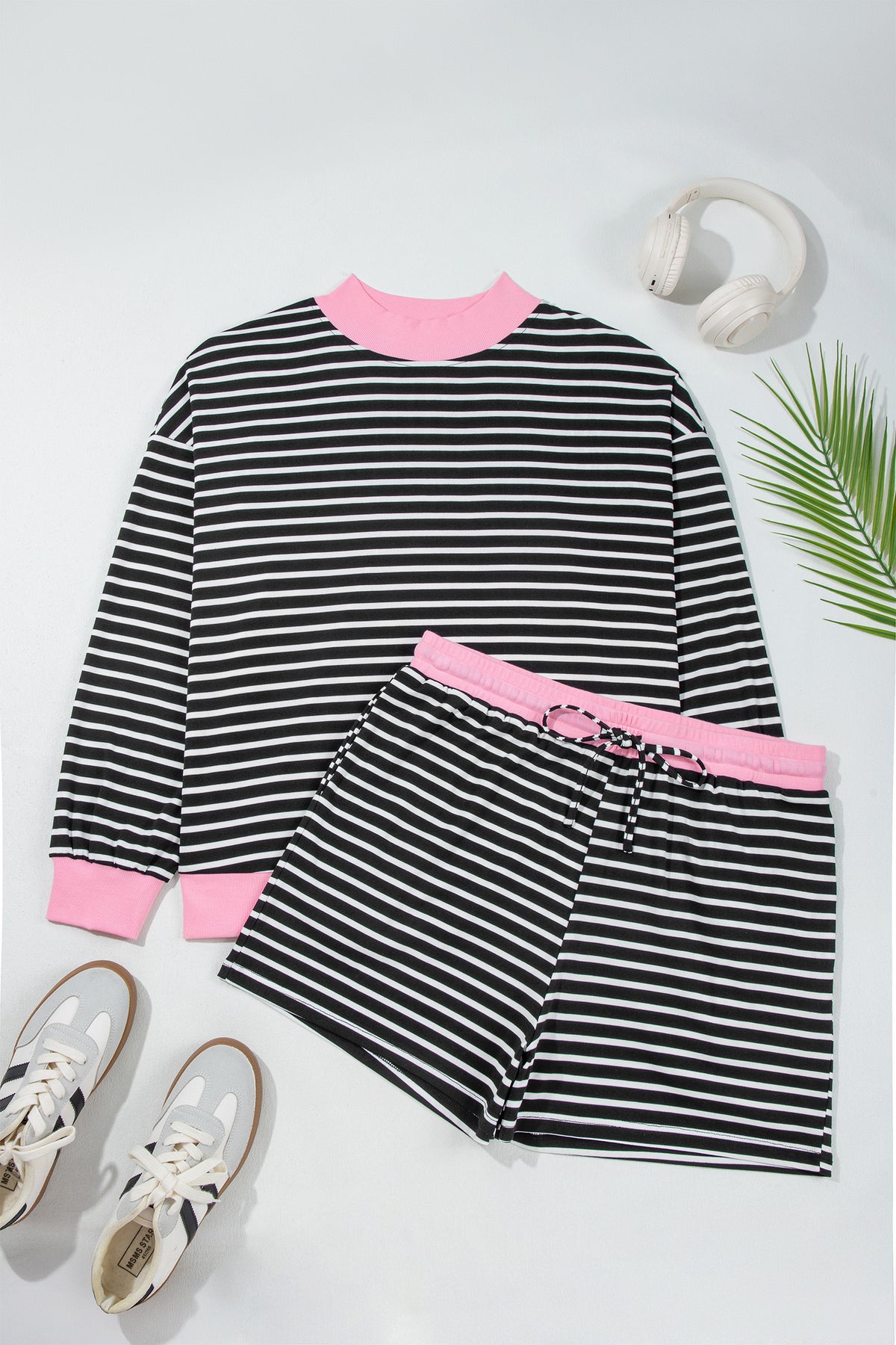 Black Stripe Color Block Patchwork Long Sleeve Pullover Plus Size Short Set